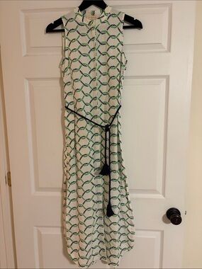 Tory Burch Isle Rope Dress Green White Maxi Midi Sleeveless XS